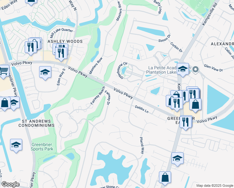 map of restaurants, bars, coffee shops, grocery stores, and more near 1304 Debbs Lane in Chesapeake