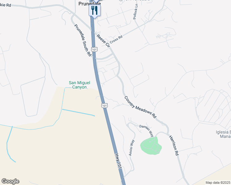 map of restaurants, bars, coffee shops, grocery stores, and more near 10706 Country Meadows Road in Salinas