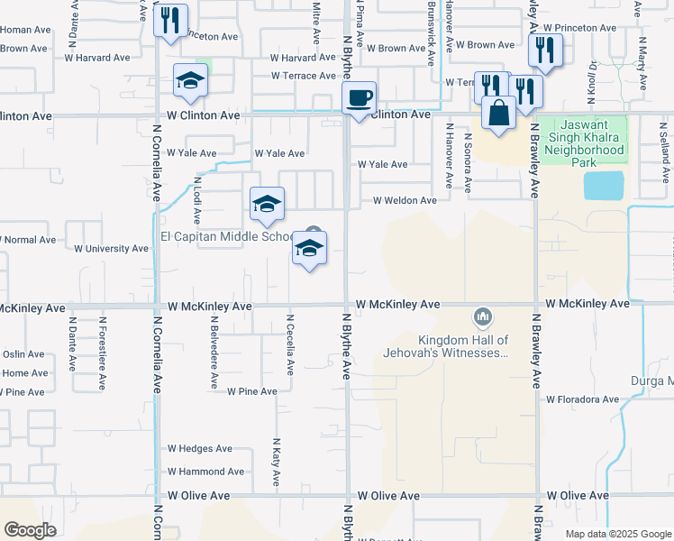 map of restaurants, bars, coffee shops, grocery stores, and more near 4444 West McKinley Avenue in Fresno
