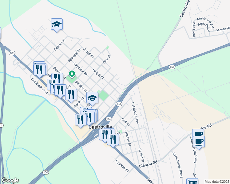map of restaurants, bars, coffee shops, grocery stores, and more near 11480 Pajaro Street in Castroville