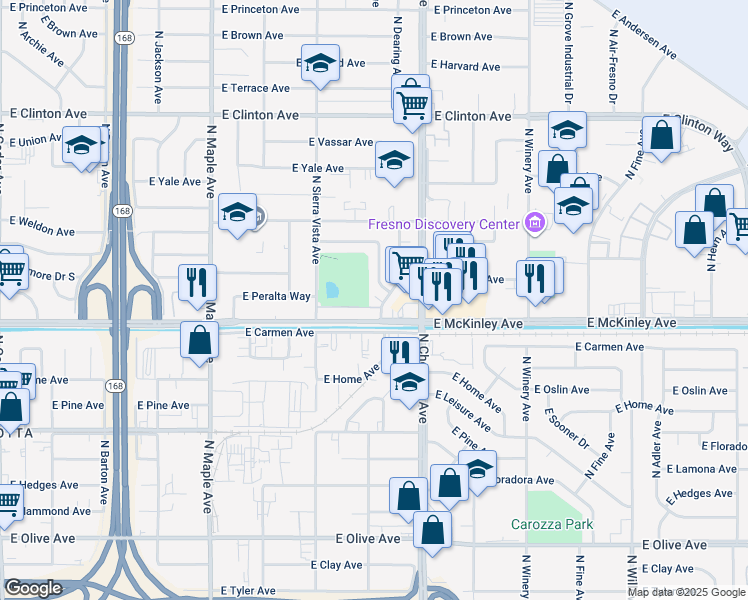 map of restaurants, bars, coffee shops, grocery stores, and more near 1729 North Recreation Avenue in Fresno