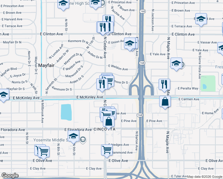 map of restaurants, bars, coffee shops, grocery stores, and more near 4227 East Fairfax Avenue in Fresno