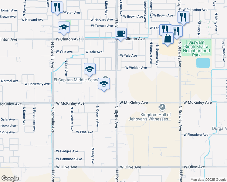 map of restaurants, bars, coffee shops, grocery stores, and more near 2108 North Blythe Avenue in Fresno