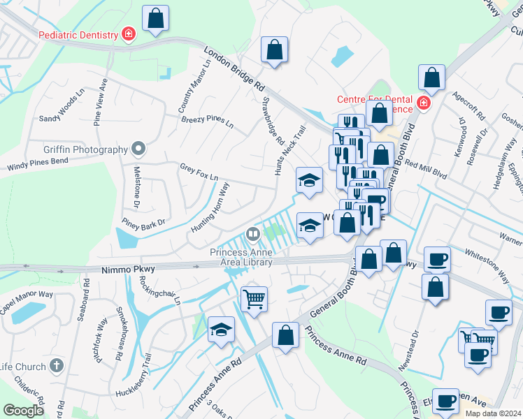 map of restaurants, bars, coffee shops, grocery stores, and more near 2449 Hunts Neck Trail in Virginia Beach