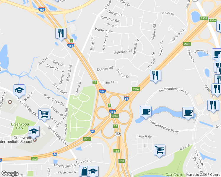 map of restaurants, bars, coffee shops, grocery stores, and more near 1028 Burns Street in Chesapeake