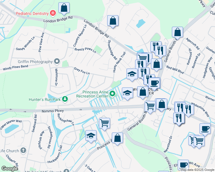 map of restaurants, bars, coffee shops, grocery stores, and more near 2449 Hunts Neck Trail in Virginia Beach