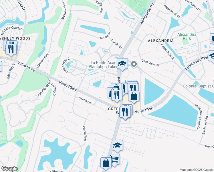 map of restaurants, bars, coffee shops, grocery stores, and more near 1420 Hambledon Loop in Chesapeake