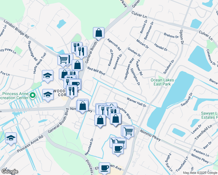 map of restaurants, bars, coffee shops, grocery stores, and more near 1204 Warner Hall Road in Virginia Beach