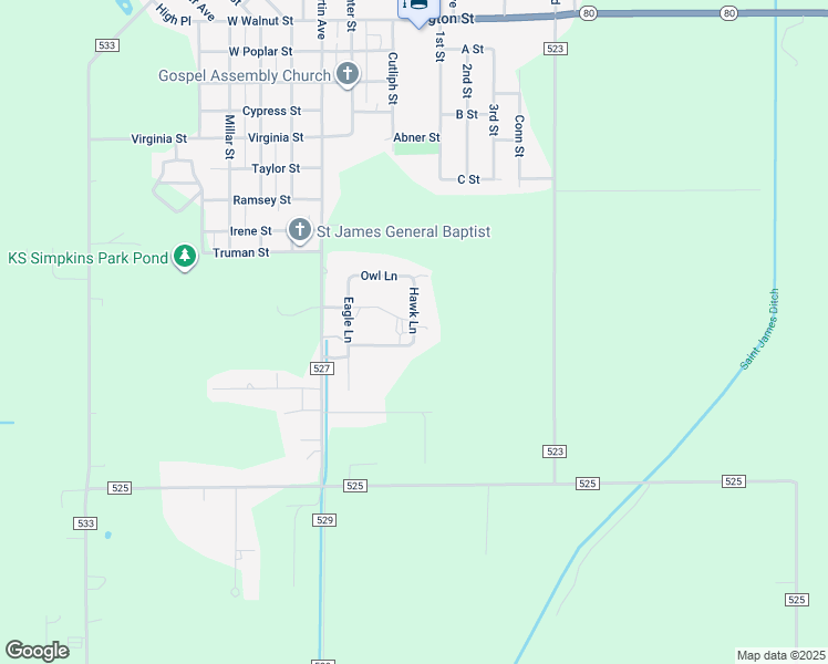 map of restaurants, bars, coffee shops, grocery stores, and more near 44 Hawk Lane in East Prairie