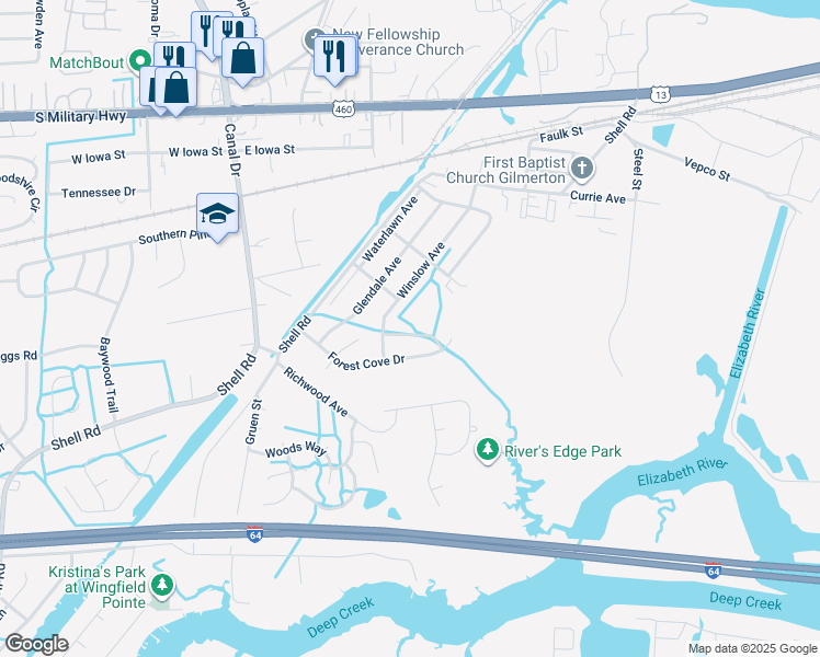 map of restaurants, bars, coffee shops, grocery stores, and more near 1614 Woodbriar Lane in Chesapeake
