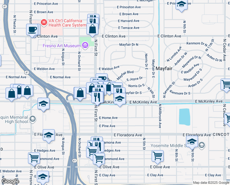map of restaurants, bars, coffee shops, grocery stores, and more near 3256 Mayfair Boulevard in Fresno