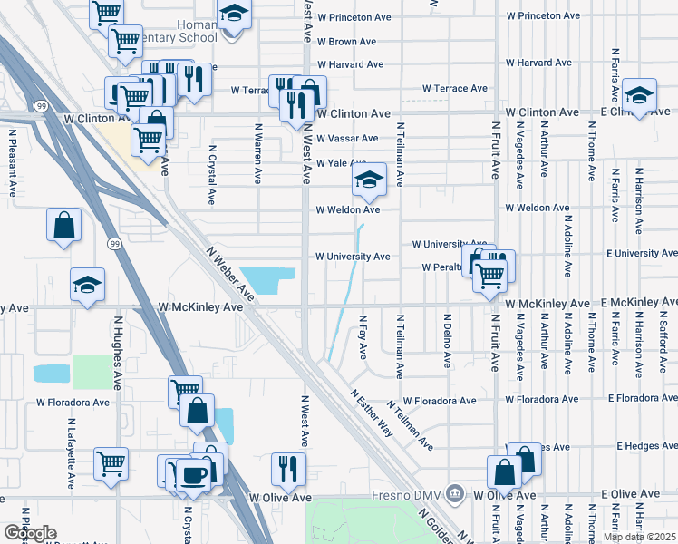 map of restaurants, bars, coffee shops, grocery stores, and more near 1123 West University Avenue in Fresno