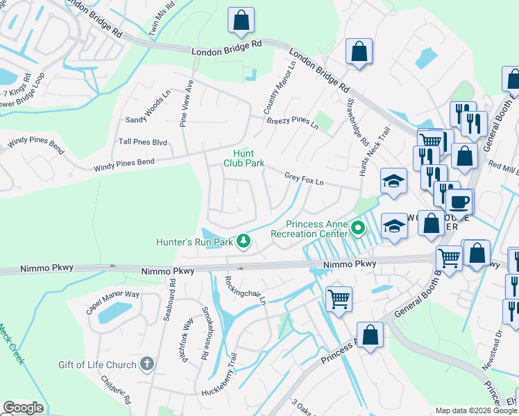 map of restaurants, bars, coffee shops, grocery stores, and more near 2444 Broomsedge Trail in Virginia Beach