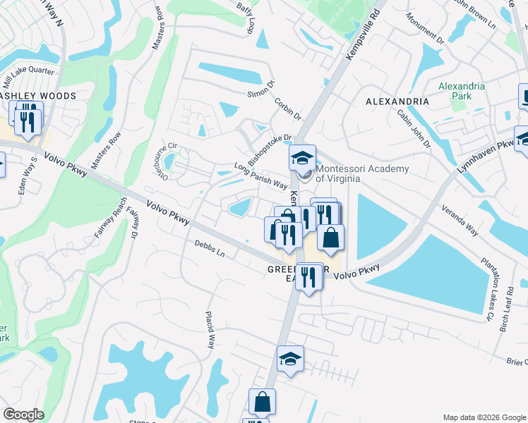 map of restaurants, bars, coffee shops, grocery stores, and more near 1528 Hambledon Loop in Chesapeake
