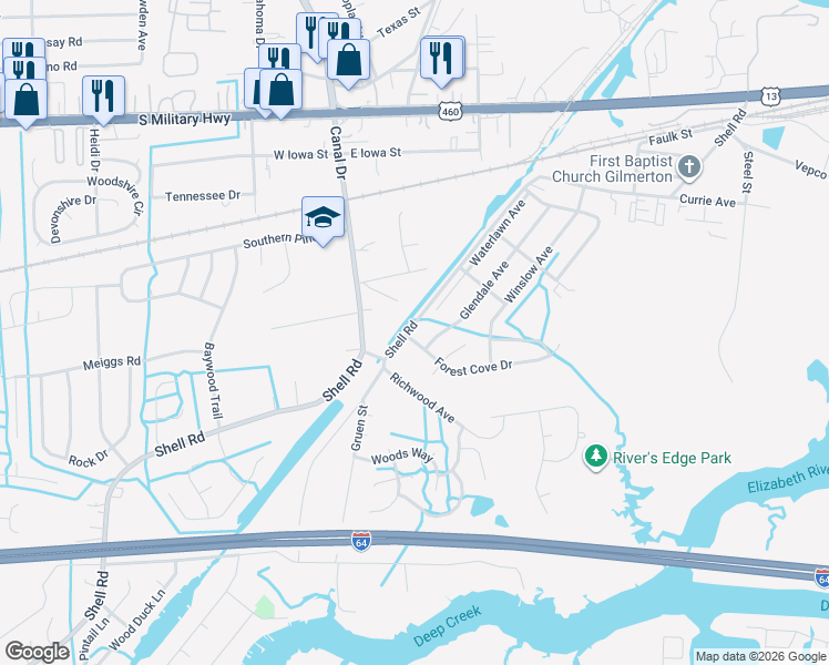map of restaurants, bars, coffee shops, grocery stores, and more near 1221 Shell Road in Chesapeake