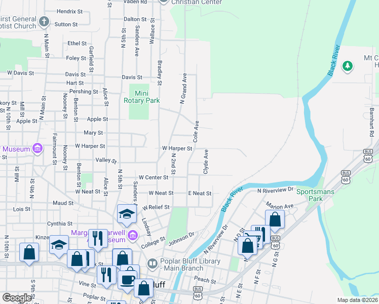 map of restaurants, bars, coffee shops, grocery stores, and more near 1107 Cole Avenue in Poplar Bluff