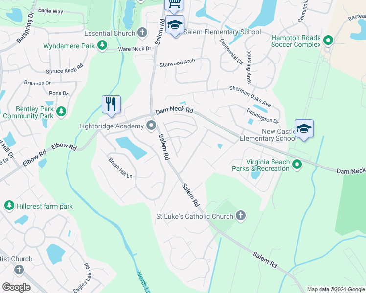 map of restaurants, bars, coffee shops, grocery stores, and more near 2120 Everton Lane in Virginia Beach
