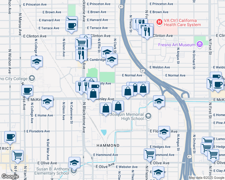 map of restaurants, bars, coffee shops, grocery stores, and more near 1910 E University Ave in Fresno