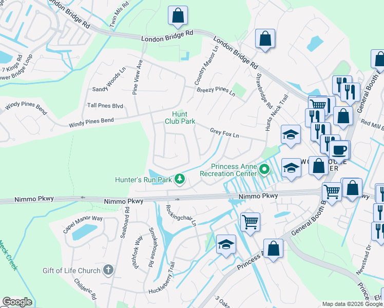map of restaurants, bars, coffee shops, grocery stores, and more near 2444 Broomsedge Trail in Virginia Beach