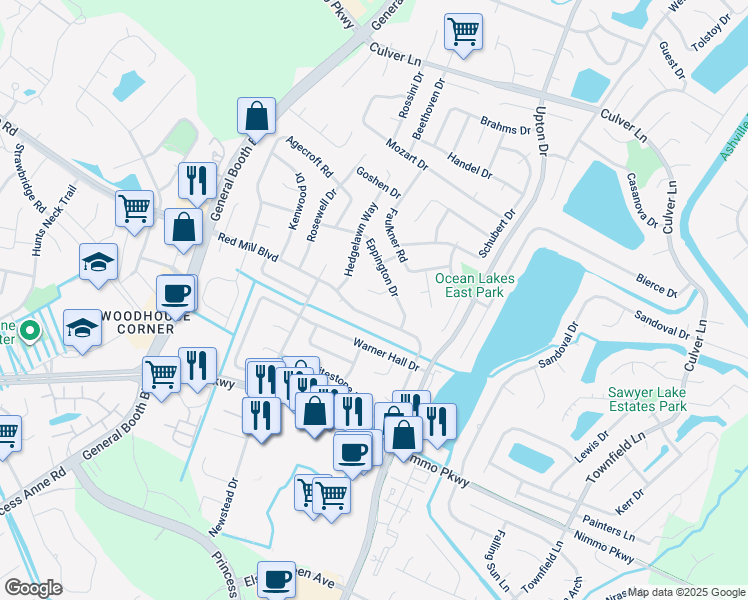 map of restaurants, bars, coffee shops, grocery stores, and more near 1109 Eppington Court in Virginia Beach