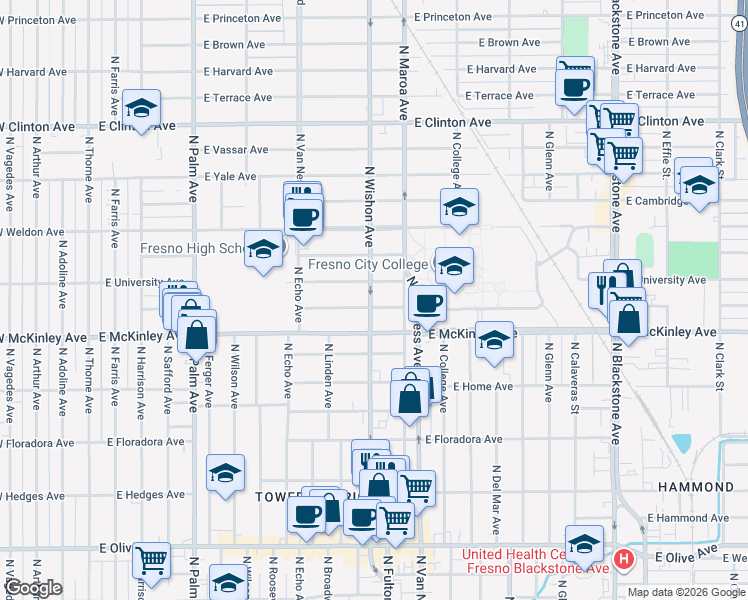 map of restaurants, bars, coffee shops, grocery stores, and more near 824 East University Avenue in Fresno