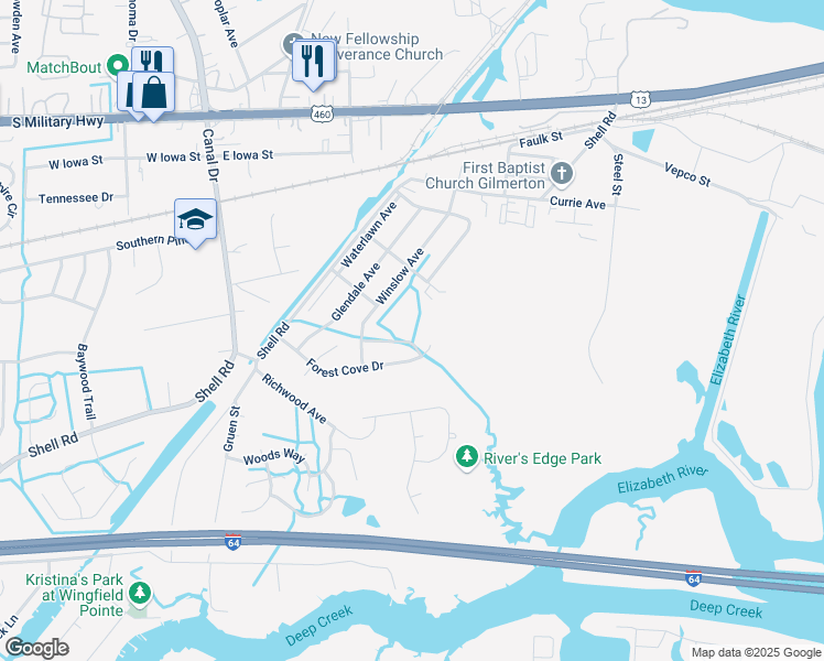 map of restaurants, bars, coffee shops, grocery stores, and more near 1610 Woodbriar Lane in Chesapeake