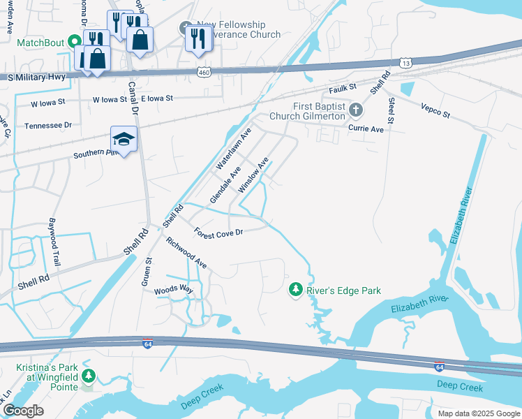 map of restaurants, bars, coffee shops, grocery stores, and more near 1610 Woodbriar Lane in Chesapeake