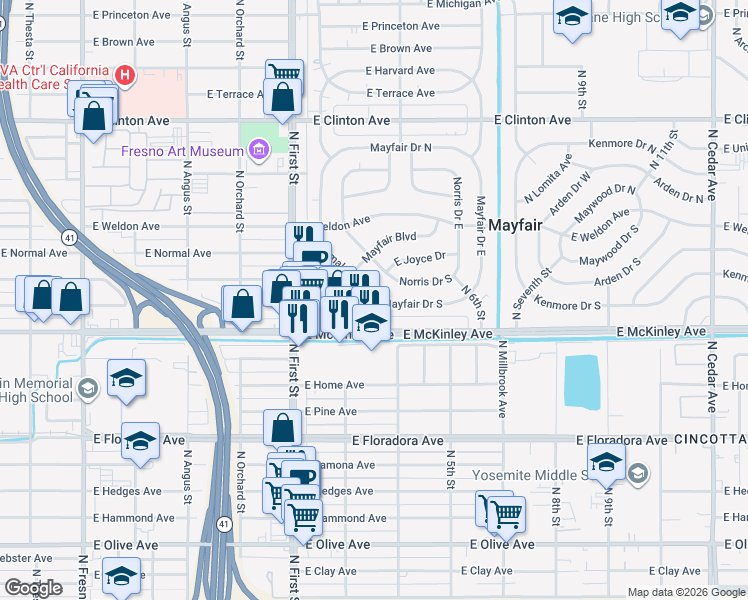 map of restaurants, bars, coffee shops, grocery stores, and more near 3361 East Normal Avenue in Fresno