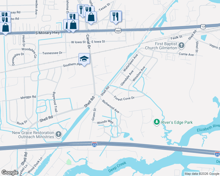 map of restaurants, bars, coffee shops, grocery stores, and more near 1221 Shell Road in Chesapeake