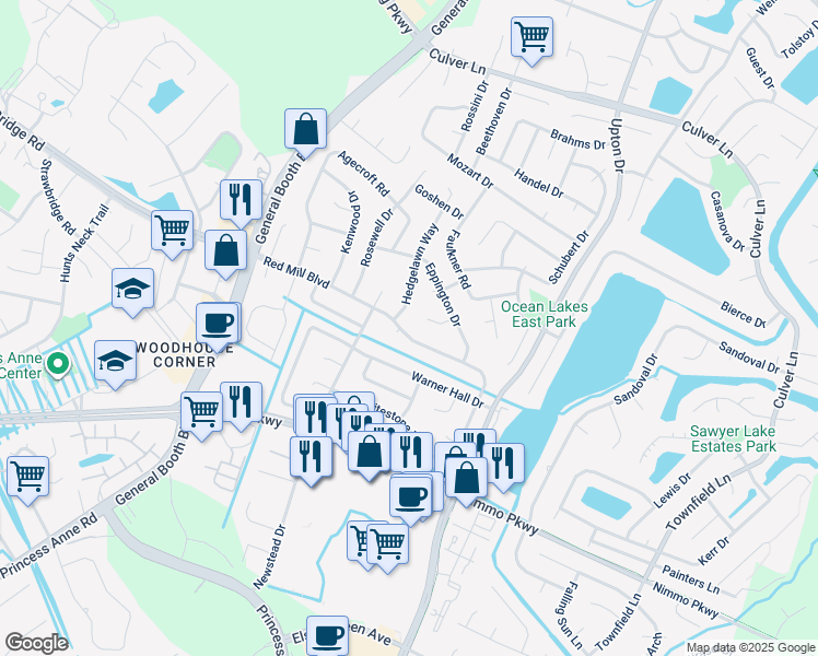 map of restaurants, bars, coffee shops, grocery stores, and more near 1134 Red Mill Boulevard in Virginia Beach