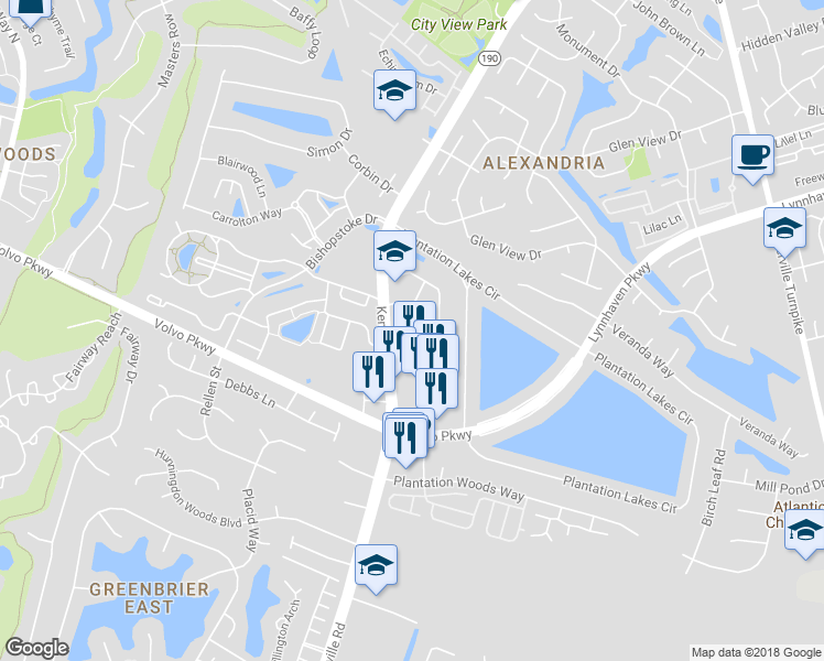 map of restaurants, bars, coffee shops, grocery stores, and more near 1429 Orchard Grove Drive in Chesapeake