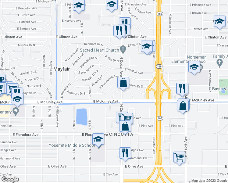 map of restaurants, bars, coffee shops, grocery stores, and more near 4151 East Fairfax Avenue in Fresno