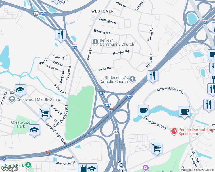 map of restaurants, bars, coffee shops, grocery stores, and more near 1028 Burns Street in Chesapeake