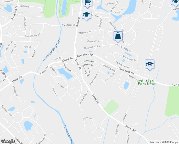 map of restaurants, bars, coffee shops, grocery stores, and more near Everton Way in Virginia Beach