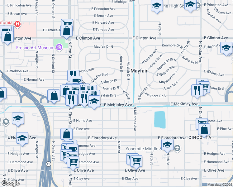 map of restaurants, bars, coffee shops, grocery stores, and more near 3484 Norris Drive South in Fresno