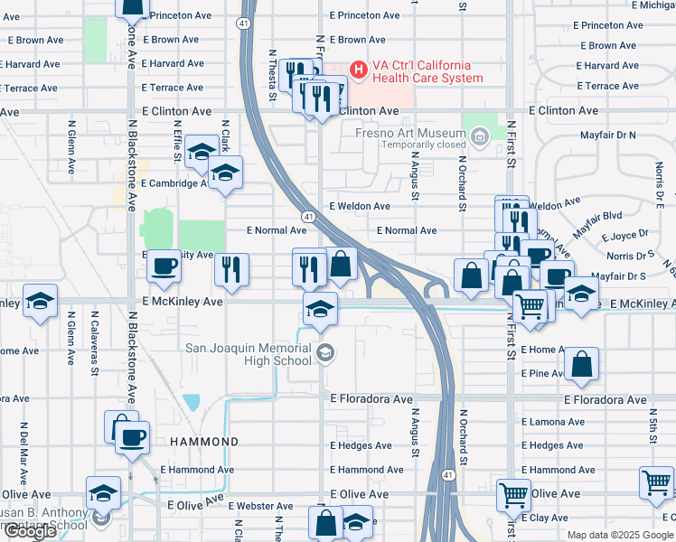 map of restaurants, bars, coffee shops, grocery stores, and more near 2524 East University Avenue in Fresno