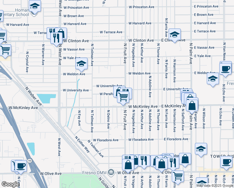 map of restaurants, bars, coffee shops, grocery stores, and more near 536 West Peralta Way in Fresno