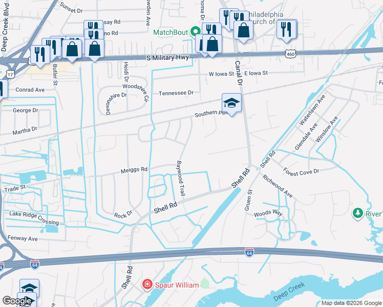 map of restaurants, bars, coffee shops, grocery stores, and more near 119 Lake Street in Chesapeake