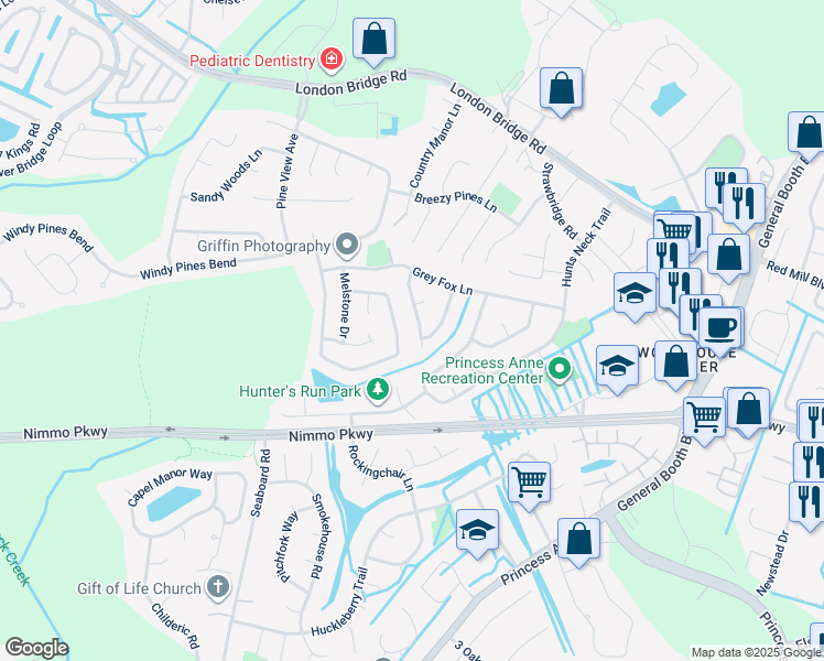 map of restaurants, bars, coffee shops, grocery stores, and more near 2441 Broomsedge Trail in Virginia Beach