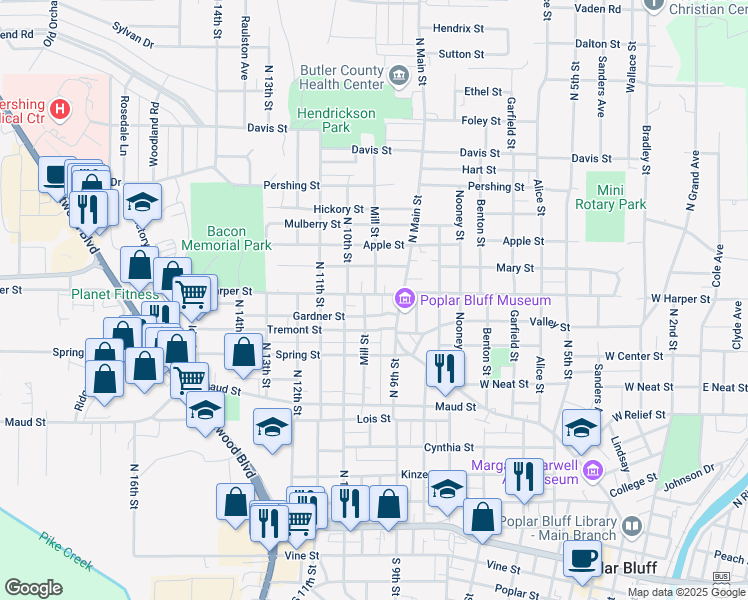 map of restaurants, bars, coffee shops, grocery stores, and more near 931 West Harper Street in Poplar Bluff