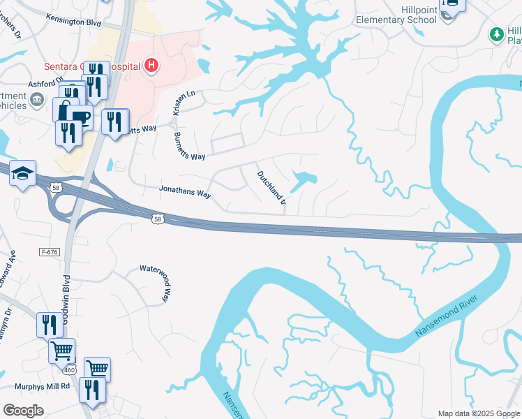 map of restaurants, bars, coffee shops, grocery stores, and more near 249 Jonathans Way in Suffolk