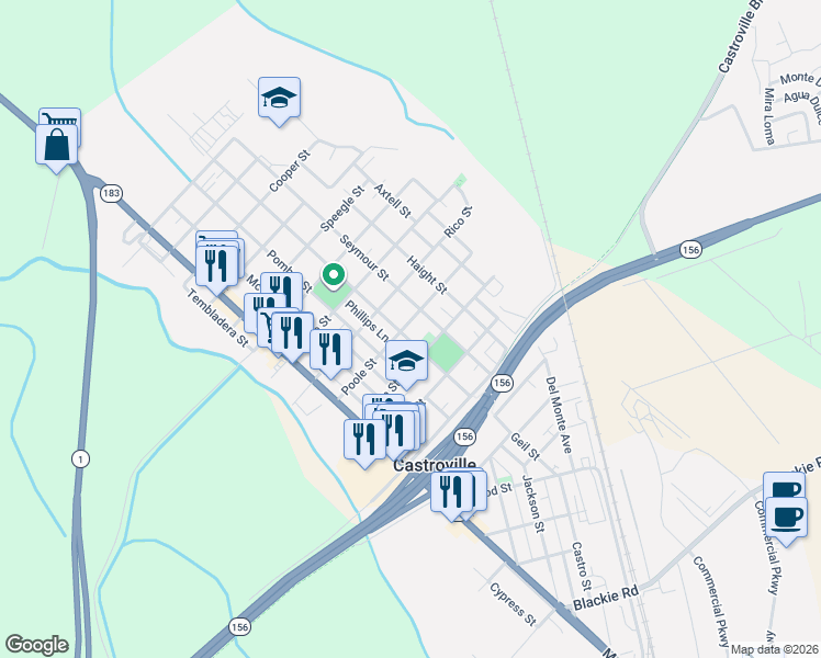 map of restaurants, bars, coffee shops, grocery stores, and more near 11040 Seymour Street in Castroville
