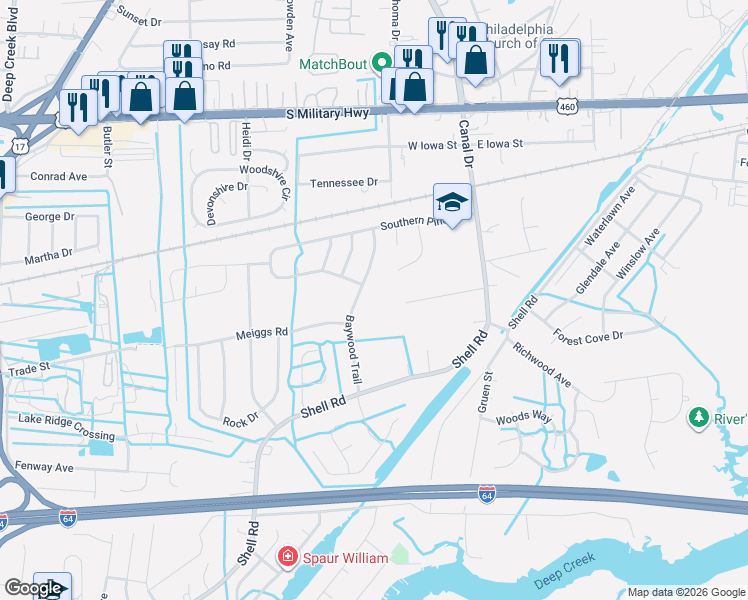 map of restaurants, bars, coffee shops, grocery stores, and more near 119 Lake Street in Chesapeake