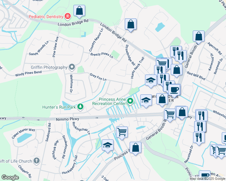 map of restaurants, bars, coffee shops, grocery stores, and more near 2005 Hillsboro Court in Virginia Beach