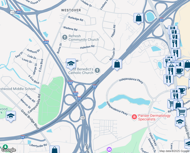 map of restaurants, bars, coffee shops, grocery stores, and more near 519 McCosh Drive in Chesapeake