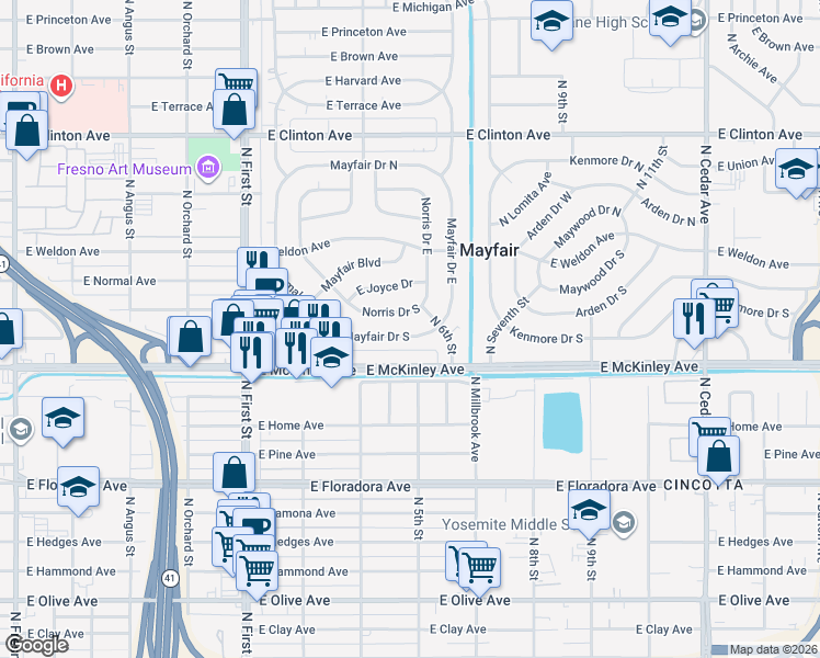 map of restaurants, bars, coffee shops, grocery stores, and more near 3484 Norris Drive South in Fresno
