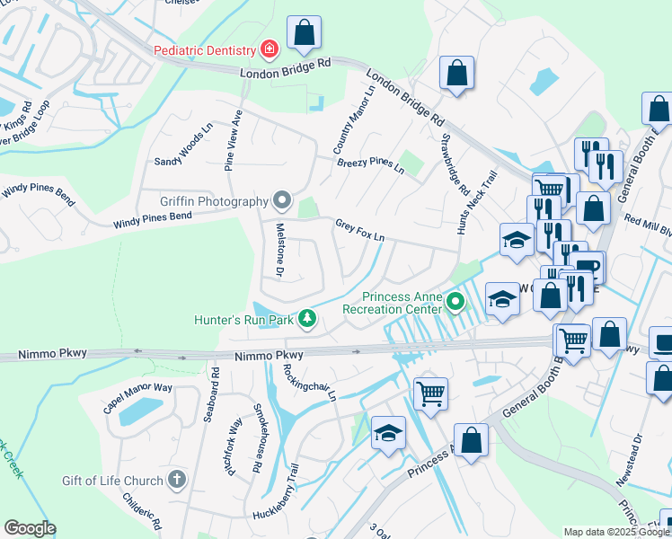 map of restaurants, bars, coffee shops, grocery stores, and more near 2441 Broomsedge Trail in Virginia Beach