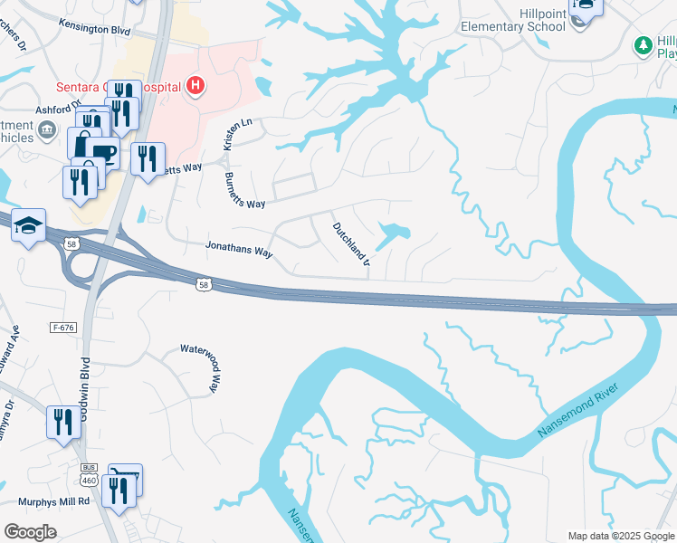 map of restaurants, bars, coffee shops, grocery stores, and more near 249 Jonathans Way in Suffolk