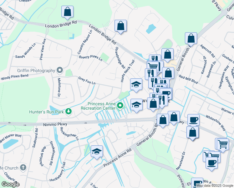 map of restaurants, bars, coffee shops, grocery stores, and more near 2441 Hunts Neck Trail in Virginia Beach