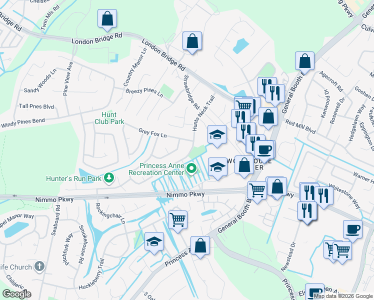 map of restaurants, bars, coffee shops, grocery stores, and more near 2404 Hillsboro Quay in Virginia Beach